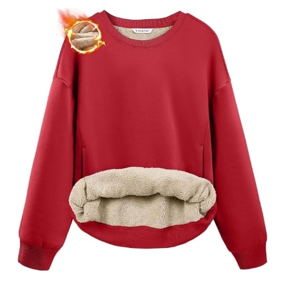 Santiny Sweaters - Fleece Sherpa Lined Warm Winter Pullover Crewneck Sweatshirt Red